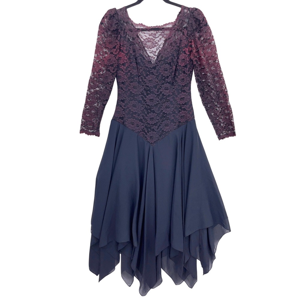 Vintage 80s JCPenney Black Pink Lace Handkerchief Hem Dress Small Whimsigoth